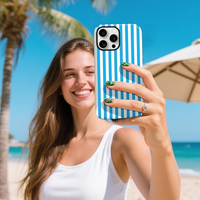 Magnetic for iPhone 16 Pro Max Case Cute Stripes Phone Case, Shockproof Slim TPU and Hard PC Protective Phone Cover Compatible with MagSafe Designed for Women Girls, Deep Blue