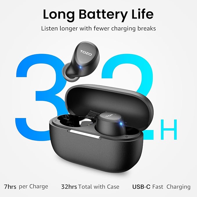 TOZO A1 Wireless Earbuds Bluetooth 5.3 Light Weight in Ear IPX5 Waterproof Headphones 2 Mic for AI Calls, Immersive Premium Sound Bass Headset with Charging Case, 32 Presets EQ Customization via App
