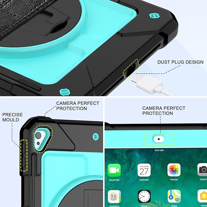 BMOUO Case for iPad 6th 5th Generation (9.7 inch, 2018/2017), 3 Layer Shockproof [360 Swivel Stand][Hand Strap][Pencil Holder] Kids Case for iPad 9.7 inch 2018/2017,Sky Blue