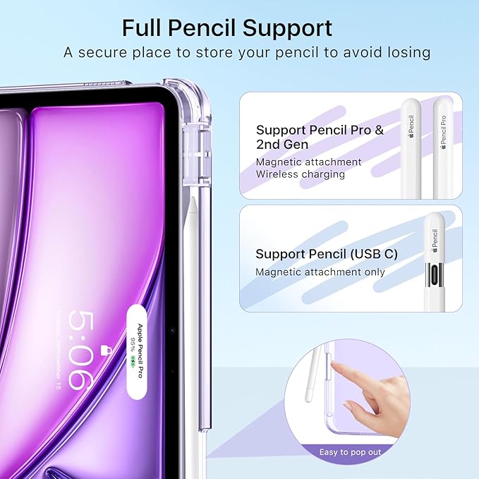 MoKo for iPad Air 11 inch Case (M4/M3/M2) 2026/2025/2024, iPad Air 5th/4th Gen 10.9 inch Case 2022/2020 with Pencil Holder, Slim Light Trifold Cover with Hard PC Translucent Back Shell, Lilac