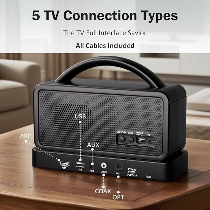 5.8Ghz Wireless Speakers for TV, 30-hrs Playtime, Portable TV Speakers for Hard of Hearing Seniors, 50 ft Range Compatible with ARC, Opt, AUX, USB, Coax Port (Cables Included)