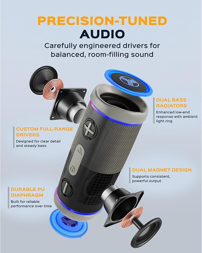 TREBLAB HD77 – Waterproof Bluetooth Speaker, 30W Loud 360° Sound, Deep Bass, IPX7, TWS Pairing, RGB Lights, 20H Battery, Portable Wireless Speaker for Outdoor, Beach, Camping, Party, Travel