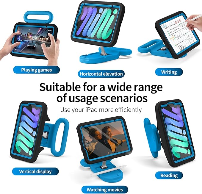 Kids Case for iPad mini 7 (A17 Pro) 2024 / iPad mini 6 2021, Adjustable Portrait/Landscape Stand, Drop Proof Handle Kickstand, Child Friendly with Screen Protector for iPad mini7th/6 8.3 inch (Black)