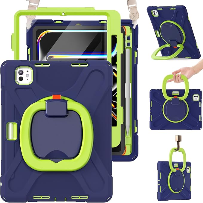 BRAECN for iPad Pro 11 Inch Case (M5/M4) 2025/2024, Shockproof Silicone Cover with Built-in Screen Protector, Multiple Adjustable Viewing Angles, Shoulder Strap, Handle Grip, Pencil Holder, Navy Green