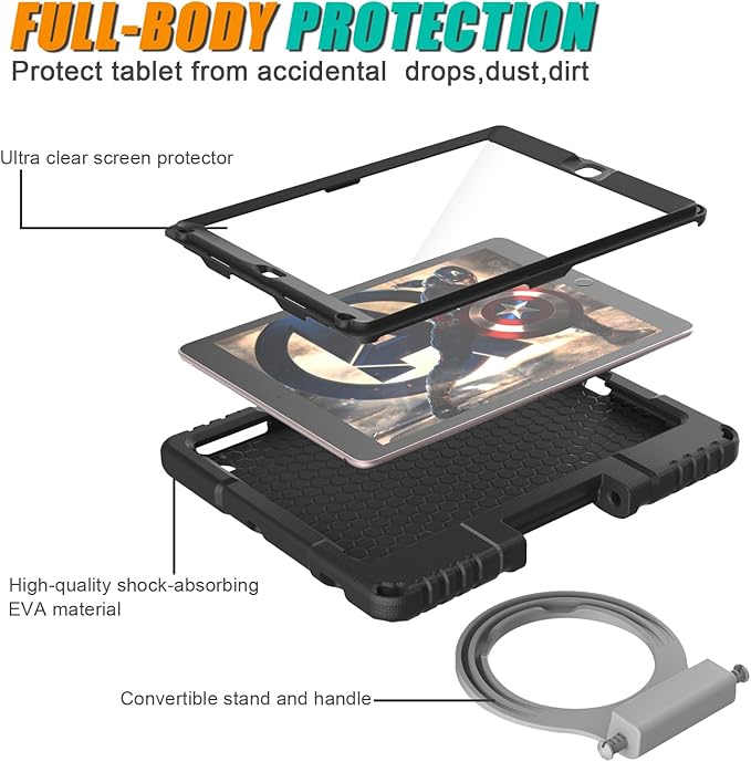 Kids Case for iPad 5th/6th Generation 9.7-inch 2017/2018 Release, Lainergie iPad Air 2 Case with Screen Protector, iPad Pro 9.7 Protective Cover Case Lightweight Shockproof with Handle Stand, Black