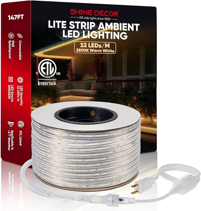 Shine Decor LED Strip Lights 108w Low Consumption, Cold Resistant IP65 Waterproof Outdoor Rope Light 120 VAC, Cuttable Connectable Indoor Lite Lighting Strip 147 FT ETL Listed 7x10mm 2800K Warm White