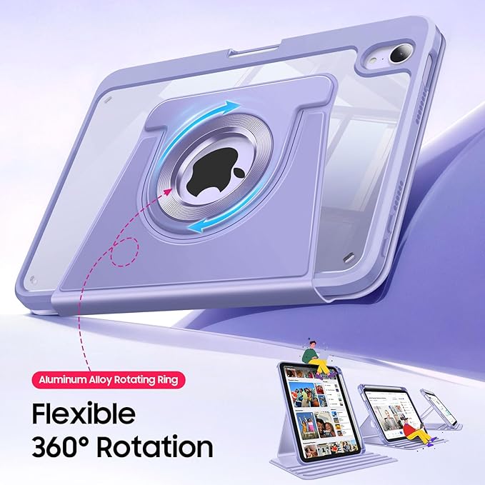 Fintie 360 Degree Rotating Case for iPad mini 7 (A17 Pro, 7th Generation) 2024 / iPad mini 6 (6th Gen) 8.3 Inch - Swiveling Protective Stand Clear Back Cover with Pencil Holder (Purple)