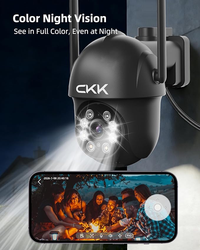 CKK 2K Security Camera Outdoor Corded Power, 3MP PTZ WiFi Home Security Camera - 2.4G/5G Dual-Band, 360° Pan-Tilt, Color Night Vision, Motion Alerts, 2-Way Audio, 24/7 Recording, Waterproof