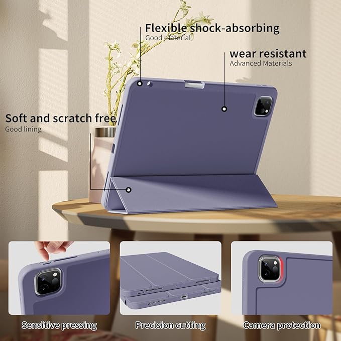 Case for iPad Pro 11 inch (M5/M4) 2025/2024 with Pencil Holder,Tri-Fold Stand Cover, Protective Soft TPU Back&Shockproof Air Corner,Supports Apple Pencil Pro, Auto Wake/Sleep (Purple Gray)