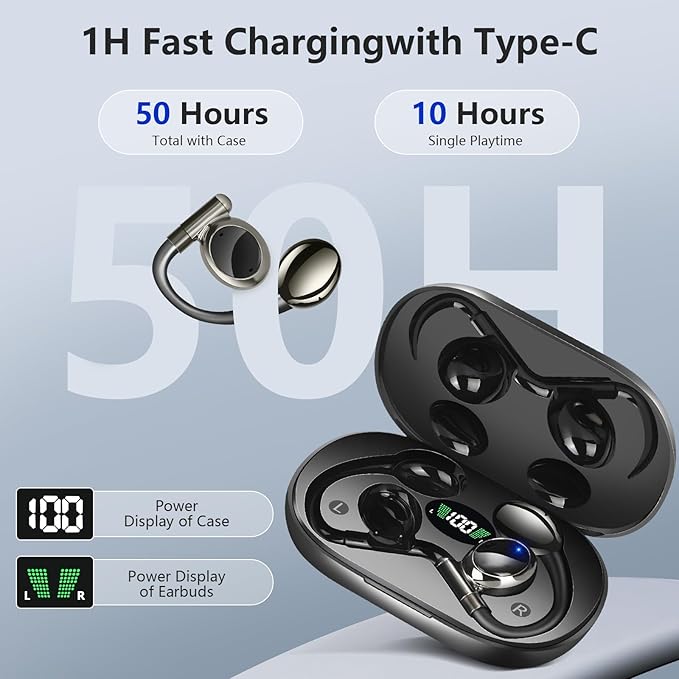 Open Earbuds True Wireless Bluetooth Earphones with Microphone, Bluetooth 5.4 Over Ear Earbuds with Earhook, 40H Playtime Ear Buds, Open Earphones Fit Sport, Running, Workout