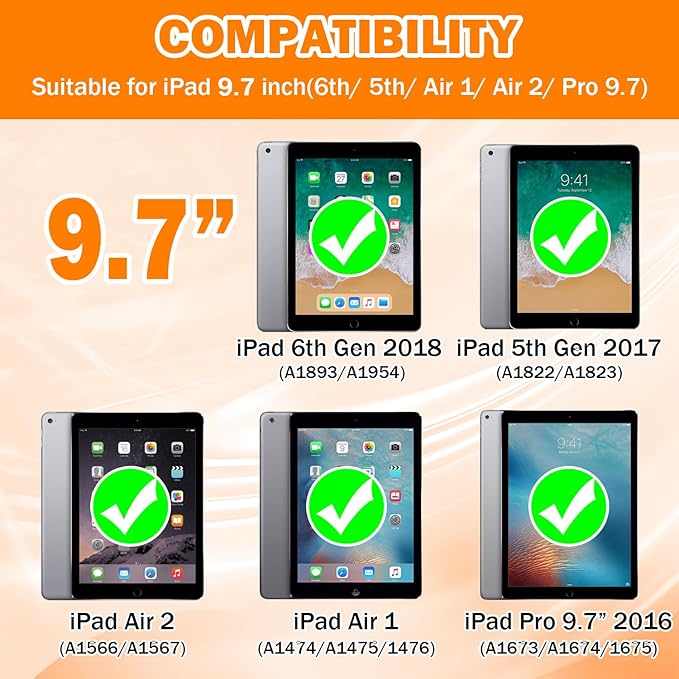ZoneFoker 9.7" Case for iPad 6th/5th Generation 2018/2017, for iPad Air 2 / Air 1st / Pro 9.7, Heavy Duty Shockproof Protective 9.7 Inch Cover with Built-in Stand for i Pad 6 5 Gen(Black+Orange)