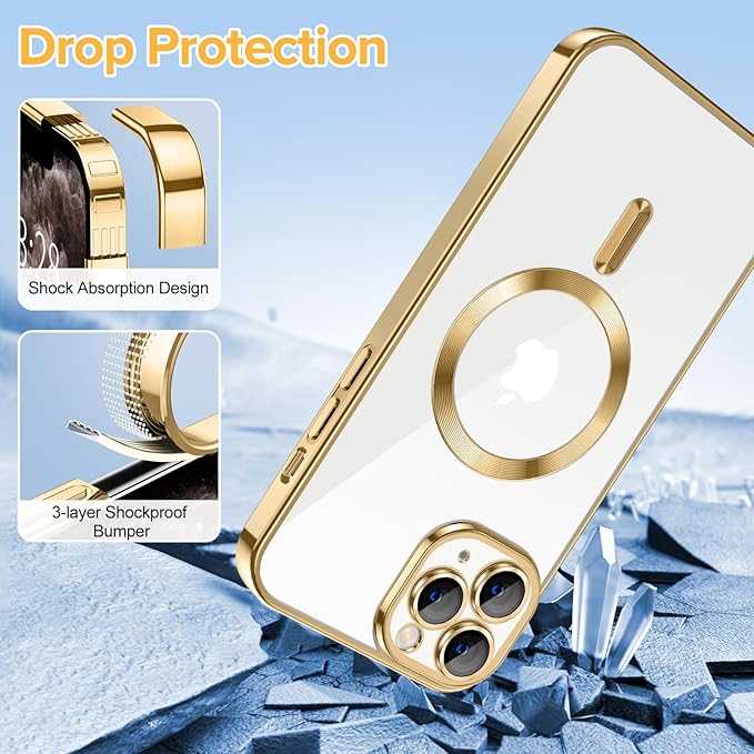 Hython Magnetic Clear for iPhone 11 Pro Max Case with Camera Lens Protector [Compatible with MagSafe] Plating Edge Slim Soft TPU Cover Protective Phone Case for iPhone 11 Pro Max 6.5", Gold