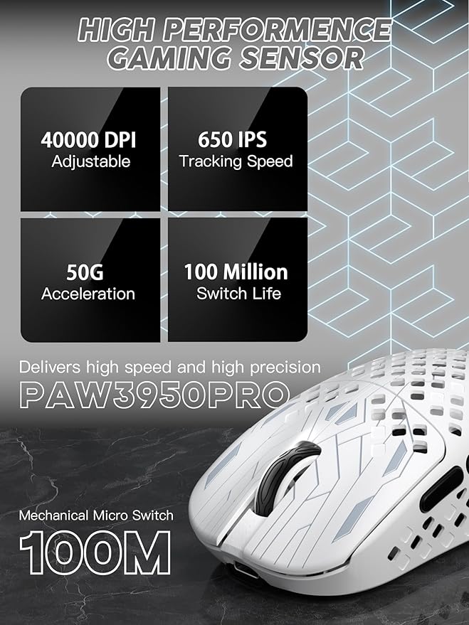 MAMBASNAKE M2 Carbon Fiber Wireless Gaming Mouse, PAW3395PRO 40K DPI, 1K Polling Rate 41g Ultralight Tri-Mode Ergonomic PC Mice, Cloud Driver AI Driver for PC/Mac/Win,White