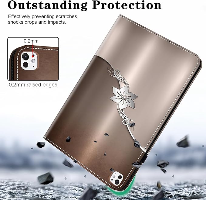 Case for iPad Pro 13 inch (M5/M4) 2025/2024, Premium Leather Folio Stand Protectors Cover with Auto Wake/Sleep, Pencil Holder, Hand Strap and Card Slots - Silver Flower