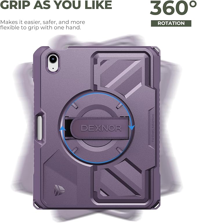 Dexnor Case for iPad (A16) 11th/10th Generation 2025/2022 (11″/10.9″),Rugged Protective Case with 360° Rotating Hand Strap& Stand & Screen Protector & Pencil Holder Shockproof Full-Body Cover, Purple