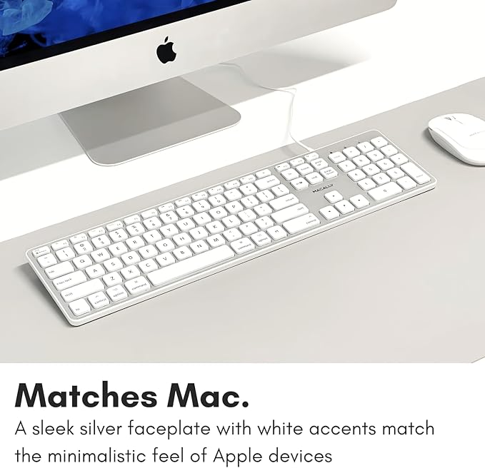 Macally Backlit Wired Keyboard for Mac | Compatible Apple Keyboard with Numeric Keypad | Comfortable All Day Typing, Compatible on MacBook Pro/Air, iMac, Mac mini/Pro - Silver