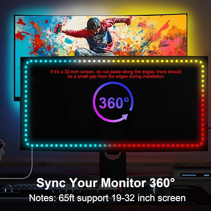Monitor Backlight for Win PC - Gaming Light Strip with Upgraded Software (Required), 6.5ft LED Strip Sync to 19-32 Inch Screen, Enhanced Color Matching & Immersive Lighting for Games/Movies/Music