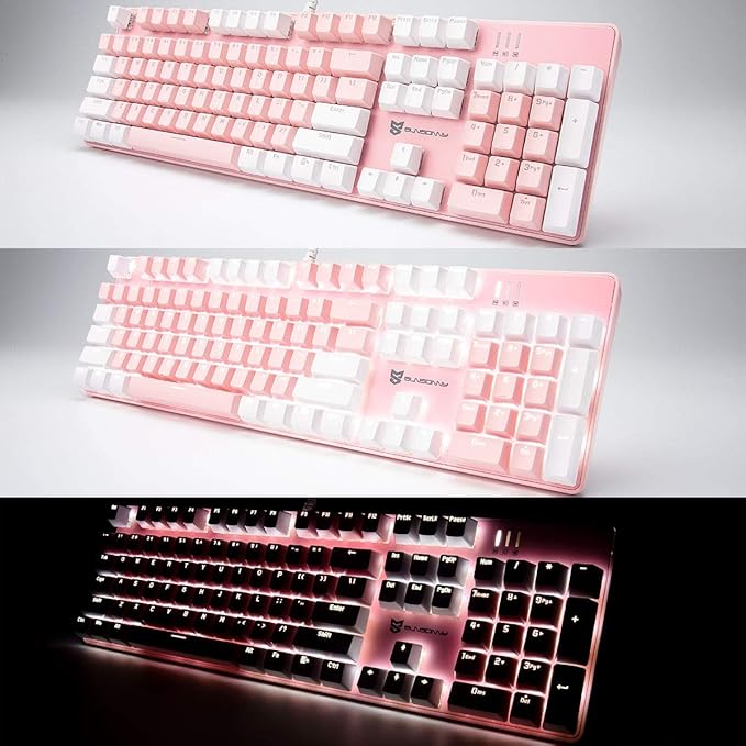 Qisan 104 Mechanical Keyboard for Gaming | Large Size USB White Backlit Gaming Keyboard Wired | US Layout Blue Switches Hot Swappable Mechanical Clicky Keyboards Compatible with PC & Laptop