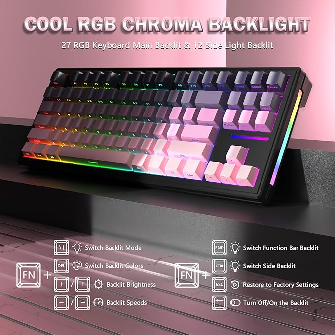 FELICON Attack Shark M87 80% Wireless Mechanical Gaming Keyboard, Tri-Mode (Bluetooth/2.4GHz/USB-C), RGB Backlit, Hot-Swappable PBT Keycaps – Pink
