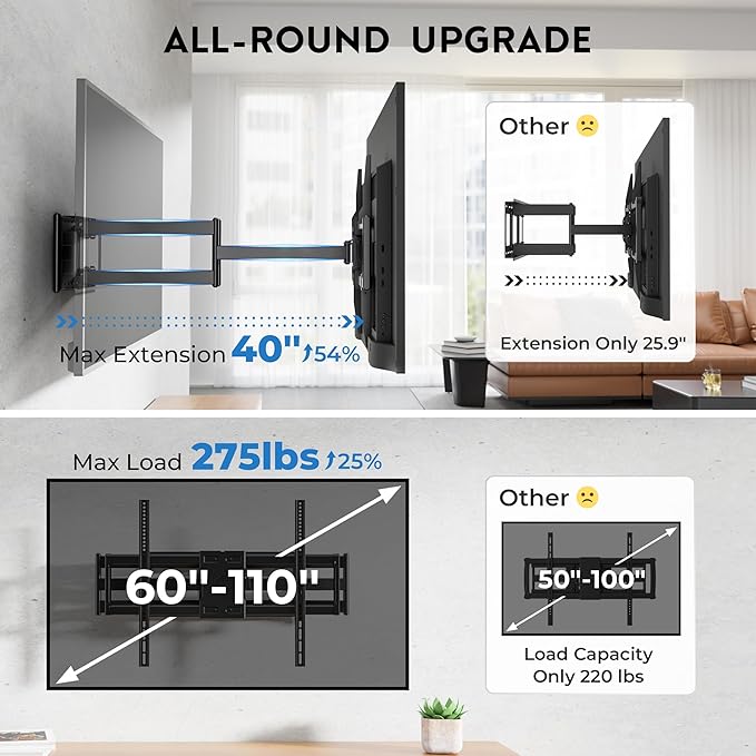 Heavy Duty TV Wall Mount with Extra Long Extendable Arm for 60–110 Inch TVs, Holds Up to 275lbs, Full Motion Bracket with Corner Swivel and Tilt, Max VESA 800x600mm, Fits 24" Studs, Wide Compatibility