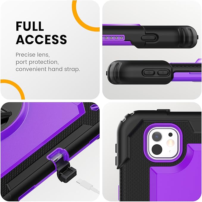 timecity Case for iPad Pro 13 Inch M5 2025 / M4 2024, 360° Rotating Stand, Pencil Holder & Wireless Charging, Shockproof with Screen Protector & Shoulder Strap - for Designers & Professionals, Purple