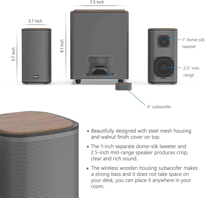 KEiiD 2.1 Bluetooth Computer Speakers with Wireless Subwoofer and Wireless Touchpad for Desktop Laptop Pc Stereo Gaming Speakers, 4 EQ Modes, Aesthetic Style with Great Sound Quality