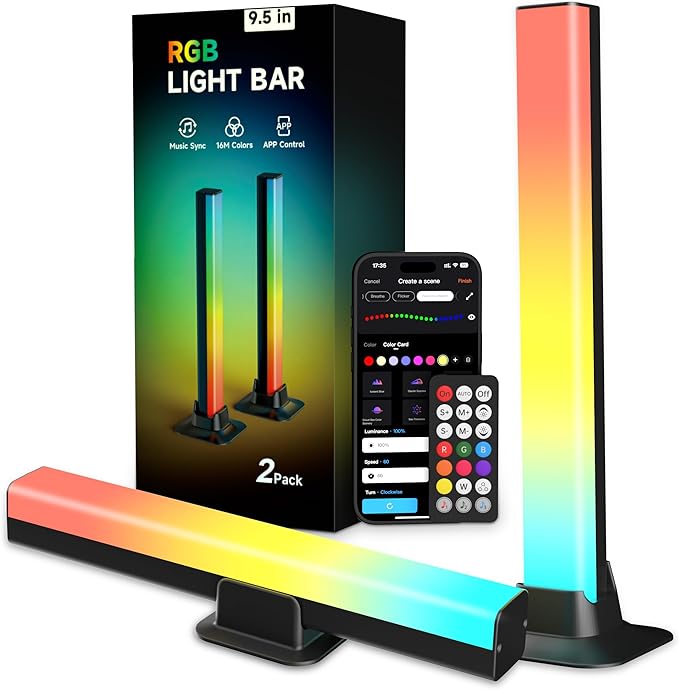 Smart RGB Light Bars for Gaming Desk & TV, 9.5" LED Monitor Backlight for PC Gaming, Ambient Lighting for TV Room (Fits up to 75"), Music Sync Color Changing TV Backlight, Bluetooth App Control