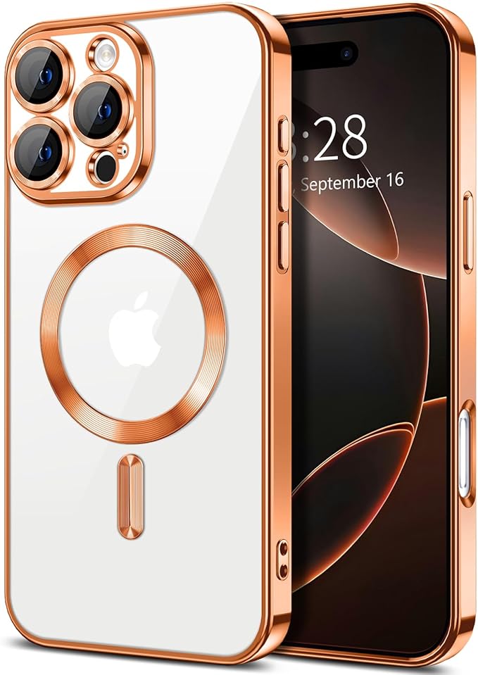 Hython Magnetic Clear for iPhone 16 Pro Case with Camera Lens Protector [Compatible with MagSafe] Luxury Plating Edge Slim Soft TPU Cover Protective Phone Case for iPhone 16 Pro 6.3", Orange