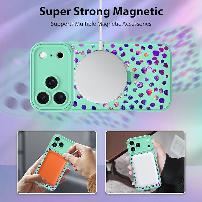 KANGHAR Compatible with iPhone 17 Pro Case, Support for MagSafe, Silicone Cute Iridescent Pattern Leopard Print Cheetah, Wristband Kickstand Shockproof Soft Slim Cover for Girls Women, Green