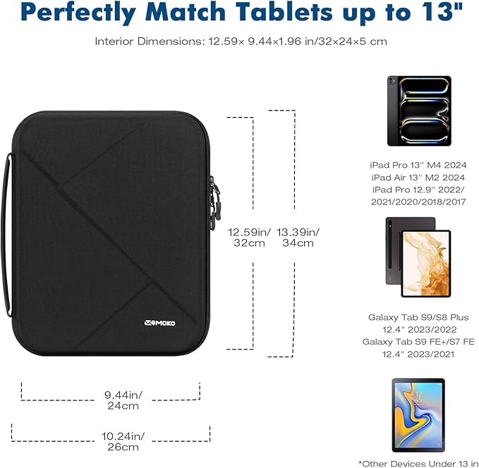 MoKo 13 inch Tablet Sleeve Bag for 13 inch iPad Air M4 2026, iPad Pro 13 M5/M4/Air M3/M2, iPadPro 12.9, Galaxy Tab S8+/S9+ 12.4, Hard Shell EVA iPad Bag with Storage and Padded Handle, Black