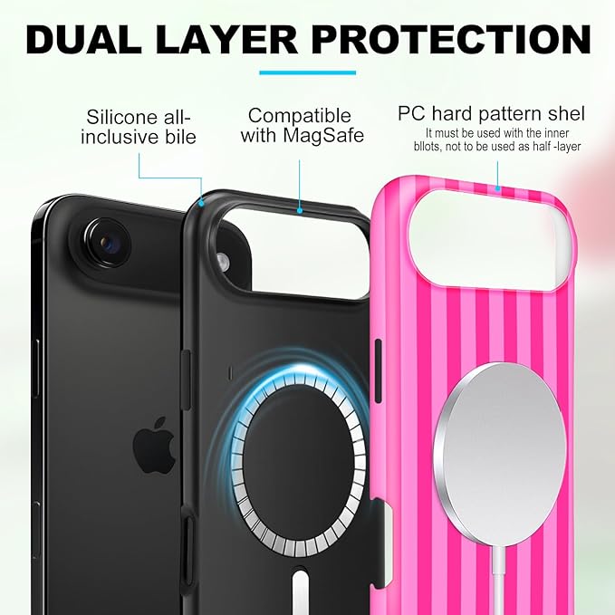 Magnetic for iPhone 17 Air Case Cute Stripes Phone Case, Shockproof Slim TPU and Hard PC Protective Phone Cover Compatible with MagSafe Designed for Women Girls, Deep Pink