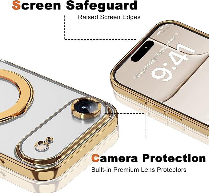 Compatible with iPhone 17 Air Case with Invisible Magnetic Ring Stand [Compatible with Mag-Safe] [Full Camera Lens Protector] Plating Clear Phone Case for iPhone 17 Air 6.5", Gold