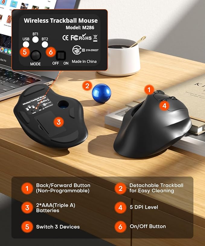 Ergonomic Wireless Trackball Mouse, 3 Device Connection (Bluetooth or 2.4G USB Receiver) Bluetooth Quiet Computer Mouse, 2*AAA Battery Thumb Laptop Mice with 5 Level DPI for PC/Laptop/Mac/Windows Blue
