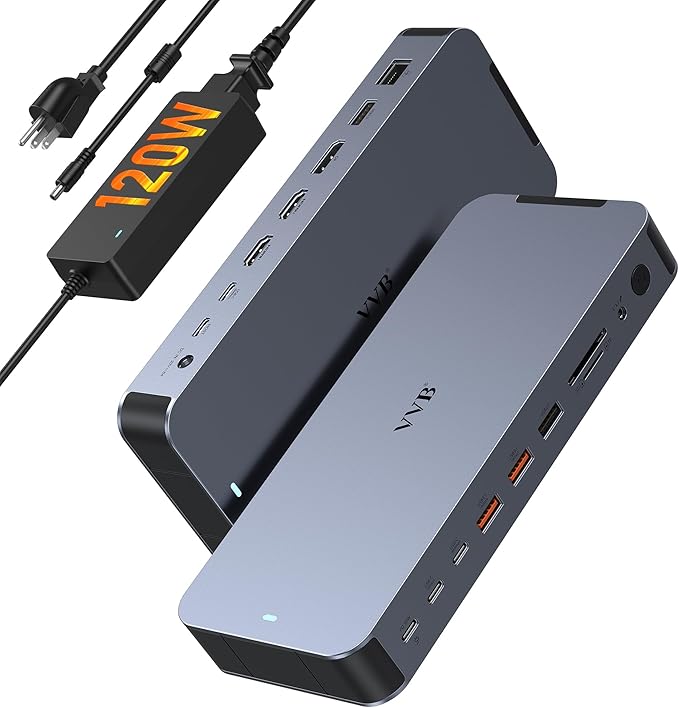 USB C Docking Station Dual Monitors Type C Hub Multiple Adapter Dongle for Dell HP Lenovo Laptop USB C Dock Triple Display with 2 HDMI,DisplayPort 8K,USB A/C Ports,120W DC Power,Ethernet,SD/TF,Audio
