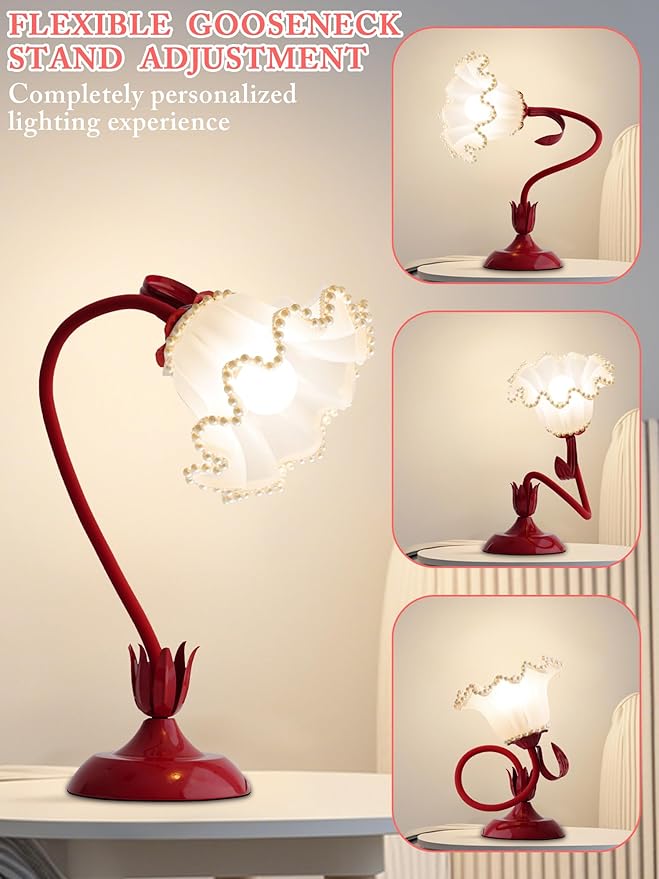AQDZCNF Flower Table Lamp,LED Reading Light Bedside Vintage Flower Night Light,3 Colors Modes Kawaii Bedside Lamps Decor,Living Room Bedroom Room Lighting Table Lamps Home Decoration (Red Pearls)
