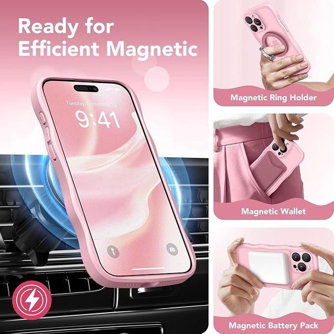 CAPRARO Cute for iPhone 15 Pro Case, Compatible with MagSafe, [Curly Wave Edge] [Full Camera Protection] [14 FT Drop Protection] Magnetic Phone Case for 15 Pro 6.1 Inch, Peach Pink