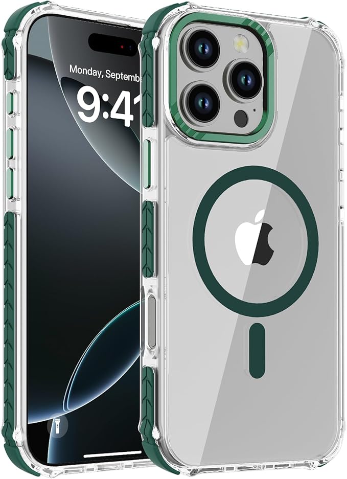DEERLAMN Strong Magnetic Case for iPhone 16 Pro Max 6.9-Inch,[Compatible with Magsafe][Military Grade Drop Protection] Clear Slim Shockproof Protective Phone Cover-Transparent+Green
