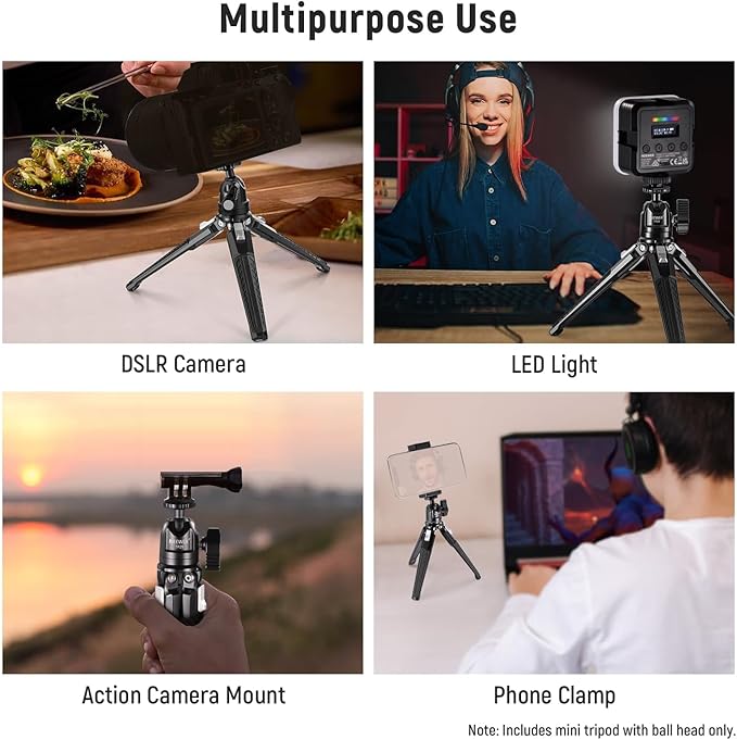 NEEWER HB60B 60W Mini LED Video Light with 50Wh Battery/100W PD Fast Charging APP/2.4G Control/NFC + TP29 Mini Metal Table Tripod with 360° Ball Head for Camera Mobile Phone Action Cam