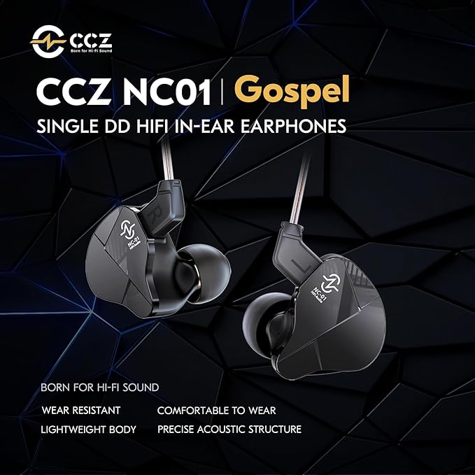 CCZ NC01 Gospel Gaming Earbuds, Stereo Sound in Ear Monitor Headphones Wired, Customized Dual Magnetic DD IEMS Earphone with Detachable Tangle-Free Cable PC Cavity for Computer (with mic, Clear Black)