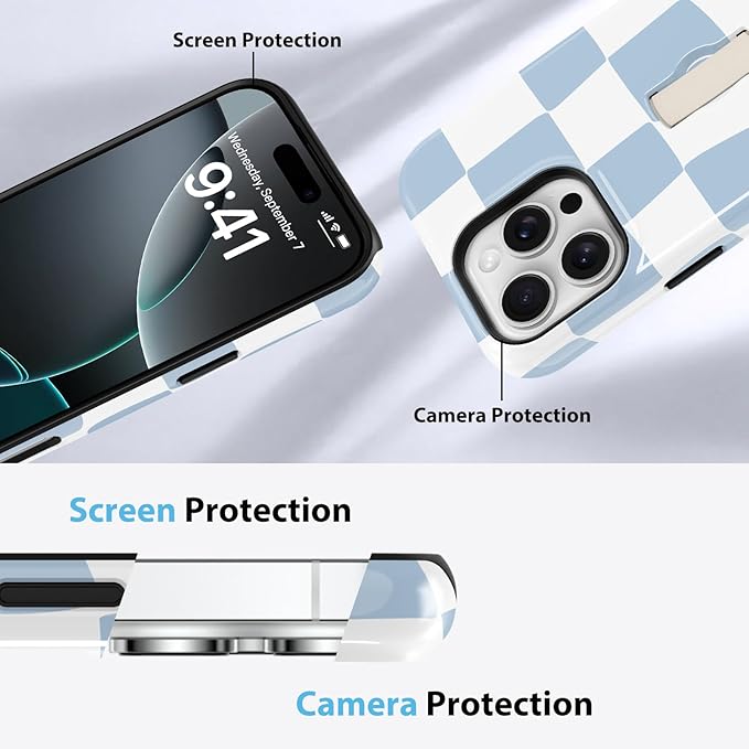 KANGHAR Compatible with iPhone 16 Pro Case, Support for MagSafe, Silicone Checkered Cute Pattern, Finger Hold Wristband Kickstand Camera Protection Soft Slim Phone Case for Girls Women -Light Blue