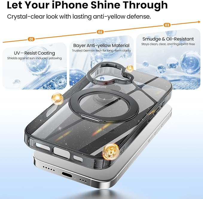 360° Ring Stand for iPhone 17 Case, Compatible with MagSafe, Military-Grade Protective,Anti-Yellowing, Scratch-Resistant Back Cover Phone Case for iPhone 17 6.3", Clear Black Glitter Stand