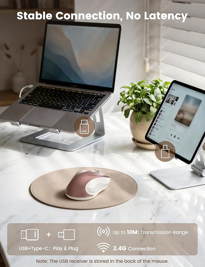 WisFox 2.4G Wireless Mouse for Laptop, Ergonomic Computer Mouse with USB Receiver and Type-C Adapter, 3 Adjustable Levels DPI, 6 Button Cordless Wireless Mice (Rose Gold)