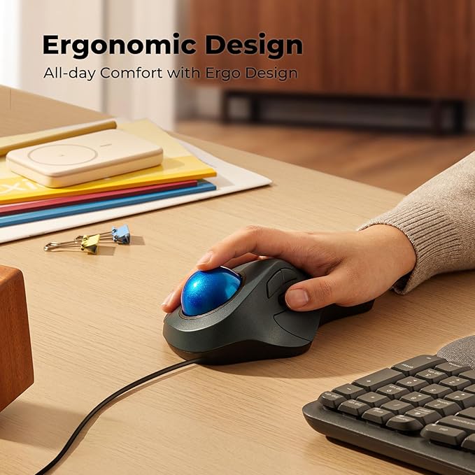 Wired Trackball Mouse for Large Hands, Ergonomic Design Reduces Wrist & Muscle Strain, Precision Tracking with Easy Index Finger Control, Compatible with PC, Laptop, Windows, Mac, Blue