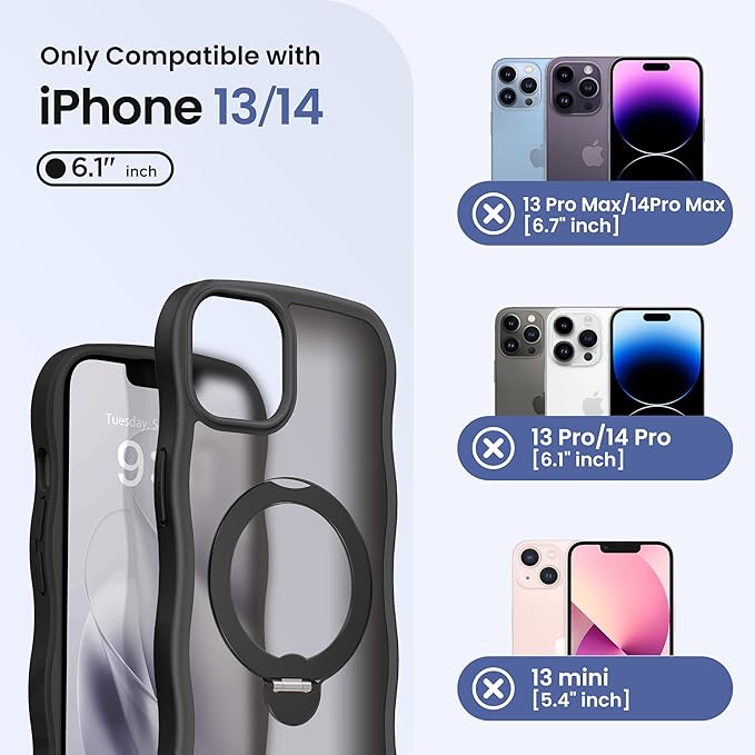 CAPRARO for iPhone 13 Case & iPhone 14 Case with 360° Spin Magnetic Stand for Women, [Compatible with MagSafe] [Camera Protection] Cute Wave Translucent Matte Case for iPhone 13/14, Black