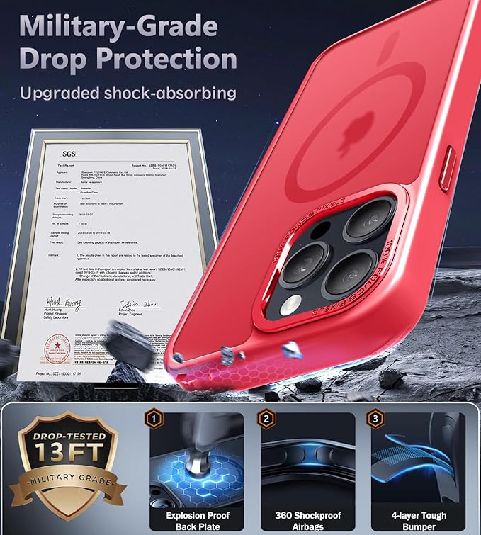 Newfuture Designed for iPhone 14 Pro Case with Magnetic [13 FT Military Drop Protection] [Compatible with Magsafe] Slim Translucent Matte Shockproof with Anti-Fingerprint Phone Case, Red