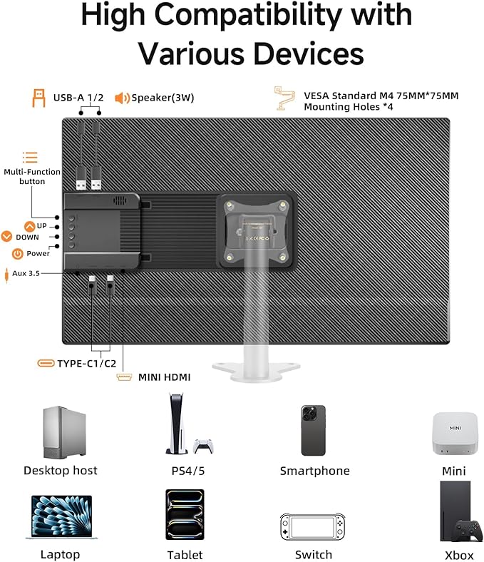 23.8" 2.5K 180Hz Portable Monitor - QHD Laptop Screen Extender 112% sRGB Wide Color HDR HDMI USB C Travel External Display with Stand Gaming Monitor for Computer PC Phone Game Console
