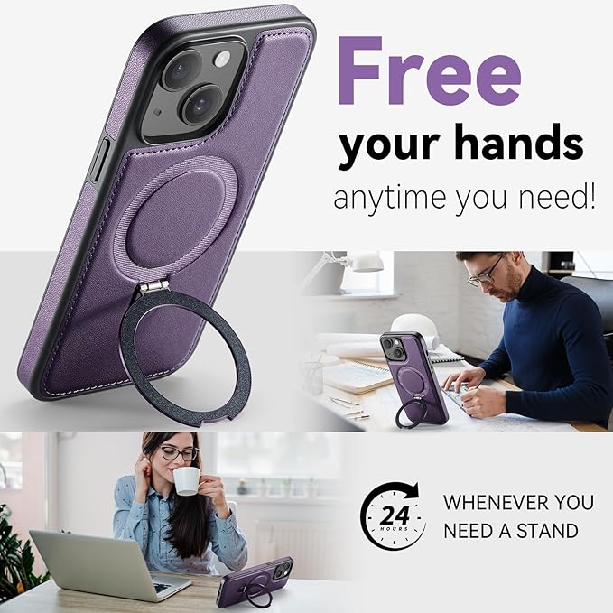 for iPhone 15 Case with Stand Compatible with Magsafe Slim PU Leather & Durable TPU Drop Proof Magnetic Kickstand Protective Phone Cover with Tempered Glass Screen Protector 6.1", Purple