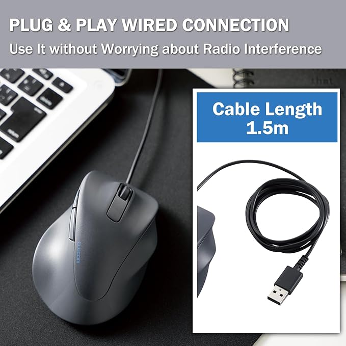 ELECOM Wired USB Ergonomic Shape Mouse, Silent Click, Right Hand, 2000DPI, 5 Buttons, Optocal Sensor, Compatible with PC, Mac, Laptop, EX-G, Msize Black (M-XGM30UBSKBK)