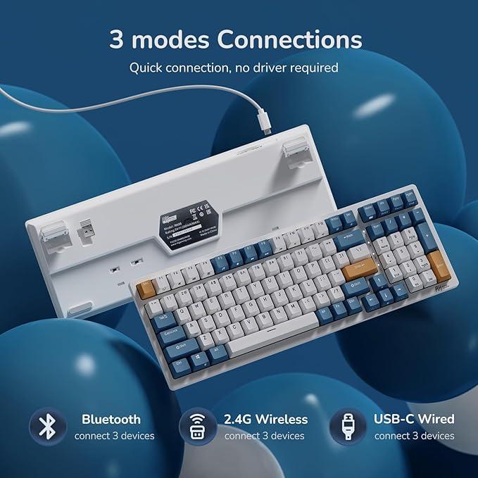 RK ROYAL KLUDGE RK98 Wireless Mechanical Keyboard, Triple Mode 2.4G/BT5.1/USB-C Hot Swappable Keyboard with Number Pad, Pre-lubed Clicky Switches RGB Backlit Gaming Keyboard, Software Support
