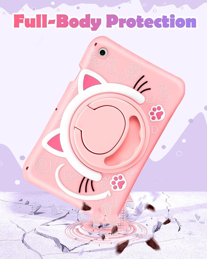 Wazzasoft for Samsung Galaxy Tab A8 10.5 Case Girls Cute Cat Kawaii Cover Girly 3D Cartoon Women Kitten with Rotating Handle Stand & Strap Soft Silicone Funda for Samsung A8 Tablet Cases